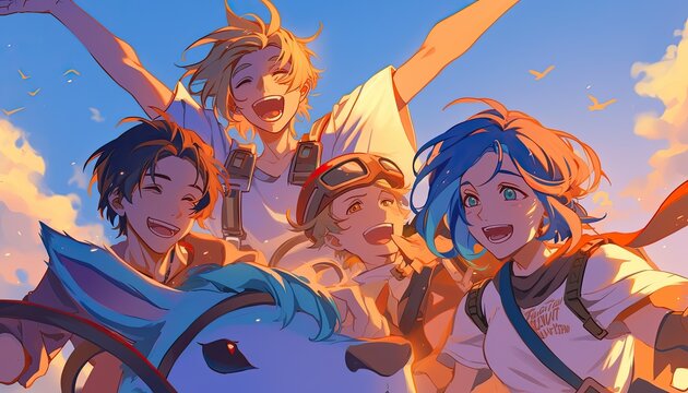 Four Smiling Anime Characters with a Blue Creature in Front of a Sunset Sky