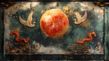Painting of Birds and a Red Moon