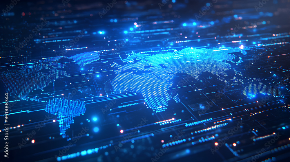 Canvas Prints abstract global network concept with a blue glowing world map, data transfer and cyber technology ba