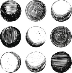 Nine hand drawn charcoal doodle scribble circles design elements in a unique doodle style perfect for creative projects art designs and visual communication inspiration