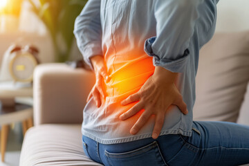 Lumbar intervertebral spine hernia, back pain, kidney stones, inflammation and disease, woman suffering from backache at home