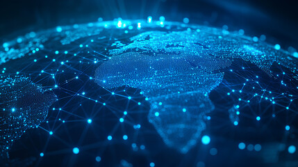 Abstract global network concept with a blue glowing world map, data transfer and cyber technology background digital connections across the globe 