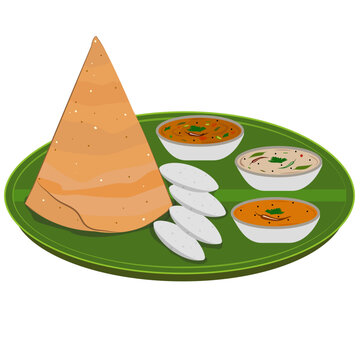 Dosa Idli Sambhar Chutney Illustration, South Indian Authentic Food, Dosa Sambhar Illustration, Indian Breakfast, Healthy Indian Breakfast, Idli dosa, chutney, gun powder, indian cuisine