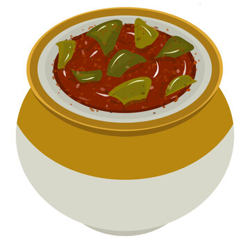 Indian Spicy Mango Pickle, Achaar, famous Indian Sour Spicy Tangy mango Pickle in the jar illustration, mango pickle jar vector illustration, indian pickles
