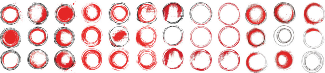 Collection of charcoal doodle scribbles red and black grunge circle brush strokes designed as round frames perfect for graphic design elements text boxes badges stickers and logos