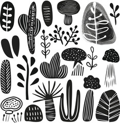 Charcoal doodle floral decoration elements with abstract shapes in contemporary modern art nouveau design minimalist style drawings and illustrations for digital download and graphic projects