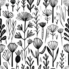 Seamless charcoal doodle pattern hand-drawn floral designs with leaves and botanical illustrations ideal for fabric design wallpaper packaging and digital paper textile applications