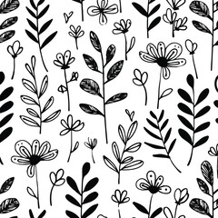 Hand drawn charcoal doodle floral seamless pattern flowers and leaves ideal for textile design wrapping paper and digital applications showcasing minimalist botanical style