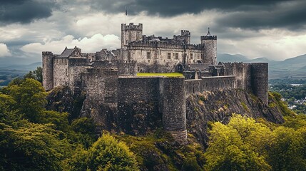 A majestic, ancient stone castle stands atop a rocky hill. The weathered fortifications include several crenelated towers and walls, giving the structure a formidable appearance. The castle is surroun