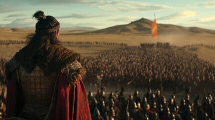 Fototapeta premium Temujin Commanding a Vast Mongol Army on the Open Plains