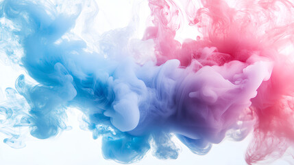 Fototapeta premium Acrylic color pigment and ink cloud in water. Abstract smoke on white background with copy space. Fancy dream cloud of ink underwater. Purple, blue and pink colors 