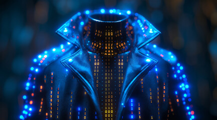  Tech 3D render of jacket shirt with binary code patterns on blue digital background