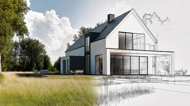 Illustration showing a modern house project becoming a real home, blending technical drawing with a real photo