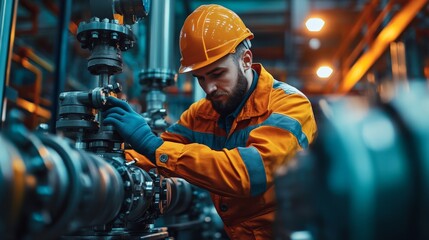 Industrial Precision: A focused engineer meticulously inspects pipeline valves within a bustling factory, highlighting the crucial role of skilled labor in modern manufacturing. 
