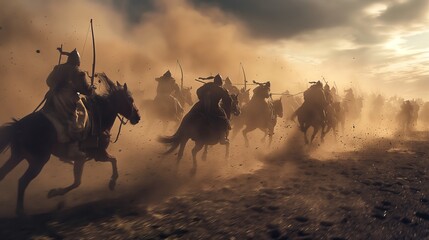Cinematic Mongol Cavalry Charge with Warriors on Horseback in a Dusty Battlefield
