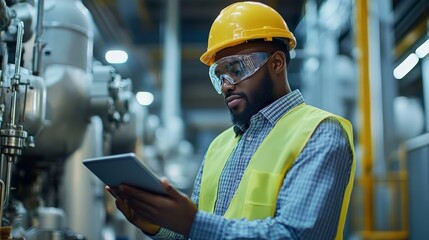 Industrial Technician with Tablet: Focused and attentive, a black industrial worker inspects machinery while using a tablet, showcasing the modern integration of technology in industrial settings. 