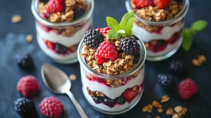 Protein-packed Greek yogurt parfait with granola and fresh berries, served in a glass jar