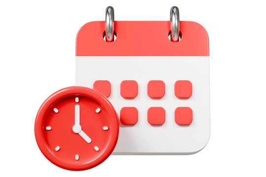 3d Red Calendar with clock icon on isolated purple background. Reminder notification or Time management concept. Website Ui design icon. Minimal 3d cartoon red calendar time zone icon. 3d render.