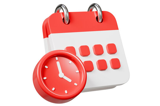 3d Red Calendar with clock icon on isolated purple background. Reminder notification or Time management concept. Website Ui design icon. Minimal 3d cartoon red calendar time zone icon. 3d render.