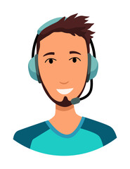 Call center operator avatar with headphone. Online support service assistant. Male customer help manager. Vector illustration of character