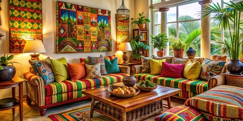 Vibrant Afro Caribbean Inspired Home Decor Colorful Patterns Textiles Rich Cultural Heritage Warm Lighting Cozy Textures Joyful Family Moments
