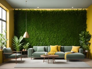Modern Living Room With Vertical Garden Wall and Cozy Green Sofa Decor