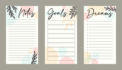 Planner pages template set, notes, goals and dreams blank layout vector, floral handrawn design illustration