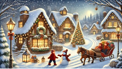 Festive Winter Village with Snow, Christmas Tree and Horse-Drawn Sleigh