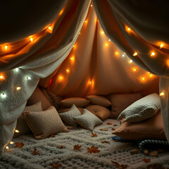 Cozy indoor fort with fairy lights and soft pillows on a fall evening