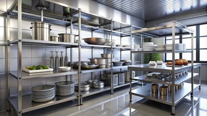 modern sleek stainless steel shelves urban commercial kitchen