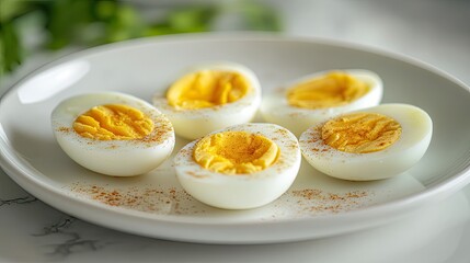 Protein-rich hard-boiled eggs sliced and ready to eat, served on a white plate