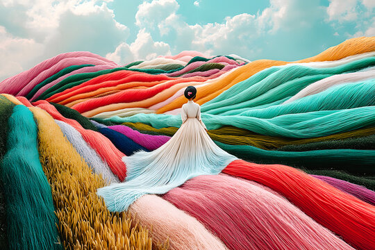 Femme avec longue robe blanche dans un paysage &eacute;trange