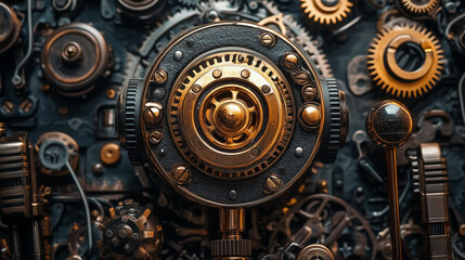 Steampunk Gearwork Central Mechanism In Bronze And Iron Texture