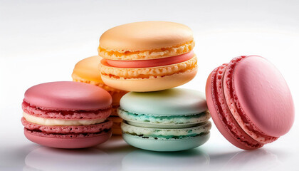Colorful macarons on a white background