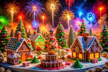 vibrant colorful festive holiday party explosion gingerbread house architecture