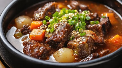Fototapeta premium Savory Korean Oxtail Soup, close-up, with text background on traditional winter dishes