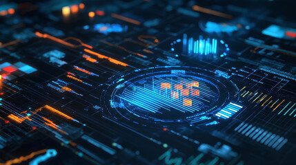 illustration of business process automation concept, showcasing graphs for distribution analysis and consumption monitoring in a high-tech digital environment