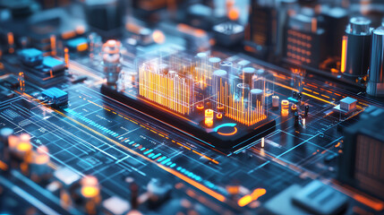 illustration of business process automation concept, showcasing graphs for distribution analysis and consumption monitoring in a high-tech digital environment