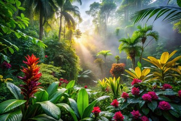 Obraz premium Vibrant tropical rainforest misty morning sunlight filtering through dense foliage colorful exotic flowers tranquil atmosphere shallow depth