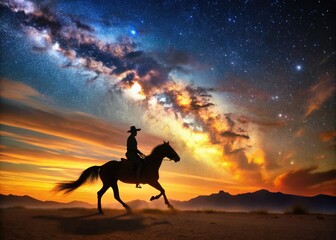 Fototapeta premium Evening silhouette of a horseback rider galloping across a vast desert landscape under a star-filled sky