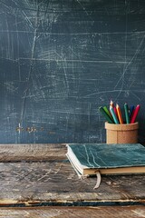 Back to school concept with chalkboard, books, and stationery