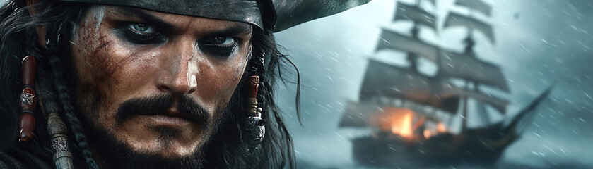 Obraz premium Serious pirate with a ship in the background, staring at the sea