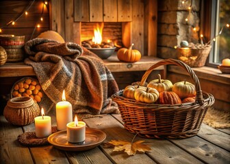 cozy cabin atmosphere softly glowing candlelight roasting pumpkins warm scones woven basket cozy throw blanket rich wood accents intimate ambiance photography