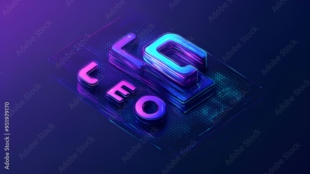 Poster an isometric illustration with the letters seo ,illustrating the concept of search engine optimizati