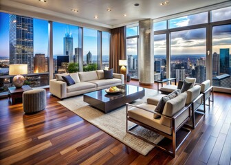 Naklejka premium ultra luxurious modern penthouse apartment sleek high rise cityscape views lavish designer furniture high gloss wood floors sophisticated urban living space