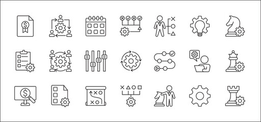 Business strategy, management, setup, research and plan icon set. Contains icons or symbol of businessman, team, discussion, meeting, setting, chess knight, bishop, rook. Flat thin line graphic design