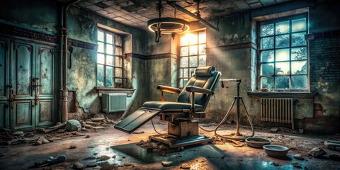 dystopian dentist chair patient dark grimy background abandoned asylum Setting unsettling atmosphere rusty medical tools flickering fluorescent light shadows on walls