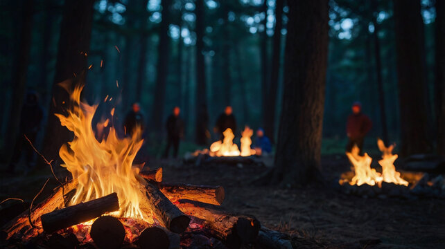 A detailed shot of the campfire itself, with flames leaping into the air, casting long shadows, as silhouetted figures lean in closer to hear the ghost story being told.