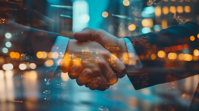 Double Exposure of a businessman handshake on the background blurred downtown nightlife. The concept of an agreement.