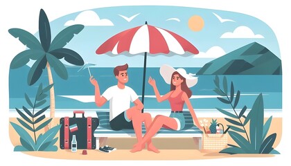 Fototapeta premium Flat vector illustration of a happy young couple summer vacation travel 